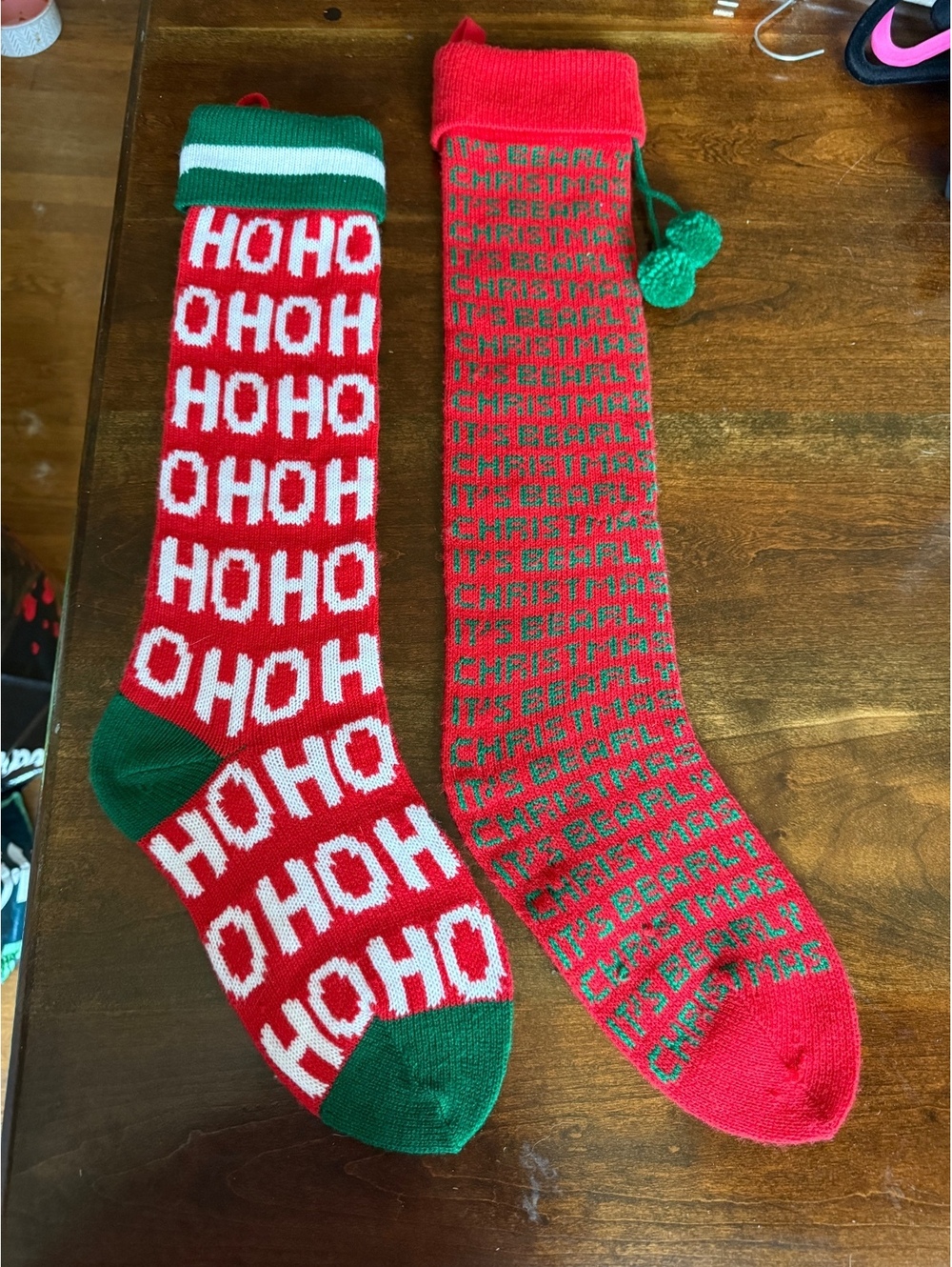 Pair of Festive Christmas Holiday Stockings - Red, Green, and White